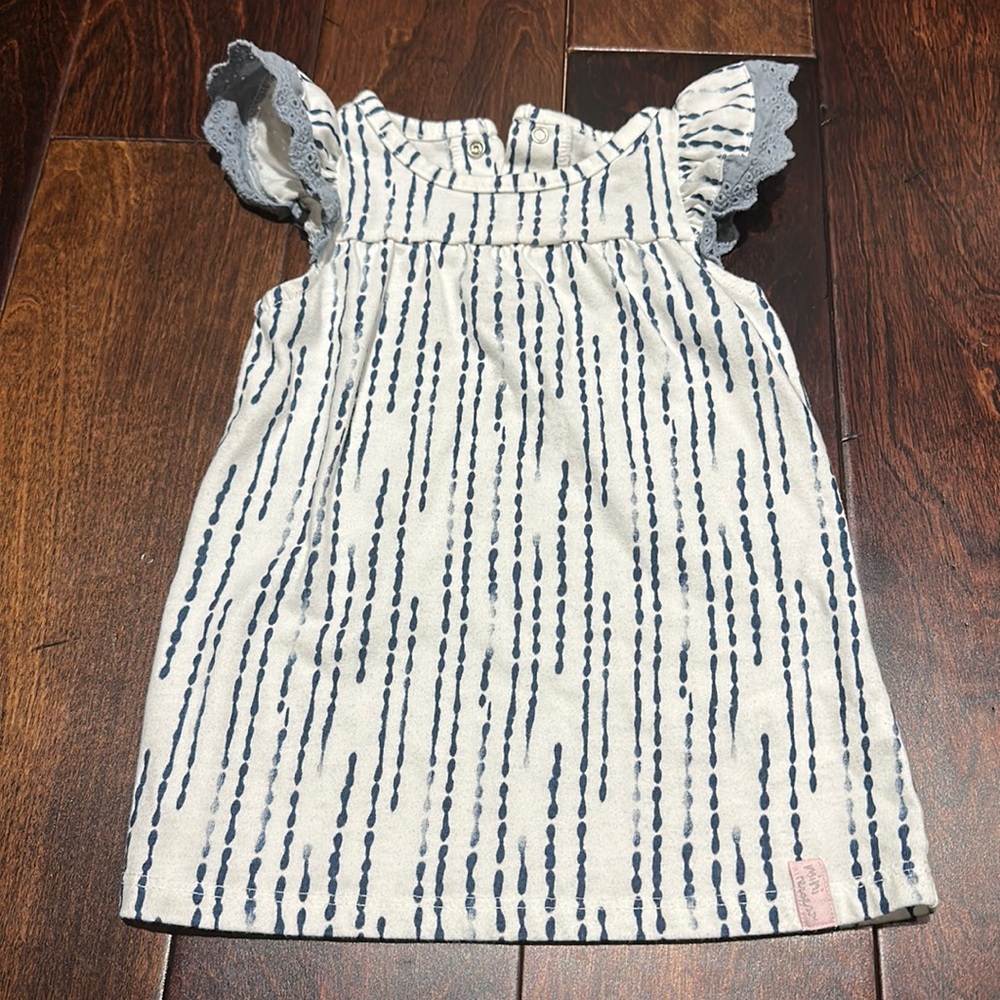 White & Navy Dot Stripe Baby Dress with Lace Cap Sleeves